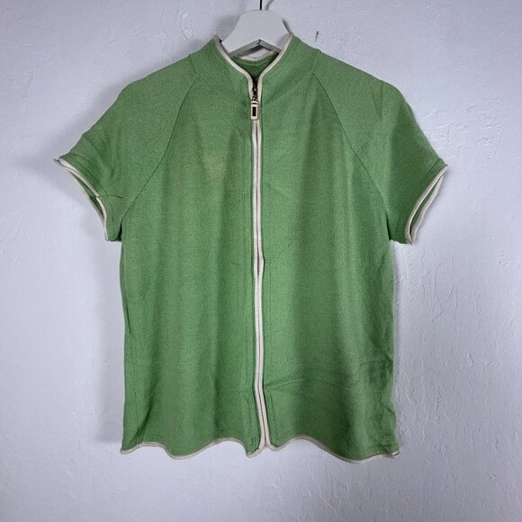 St. John Sport Marie Gray Womens Green Wool-Blend Zip-Up Short Sleeve Top Large - Picture 1 of 13